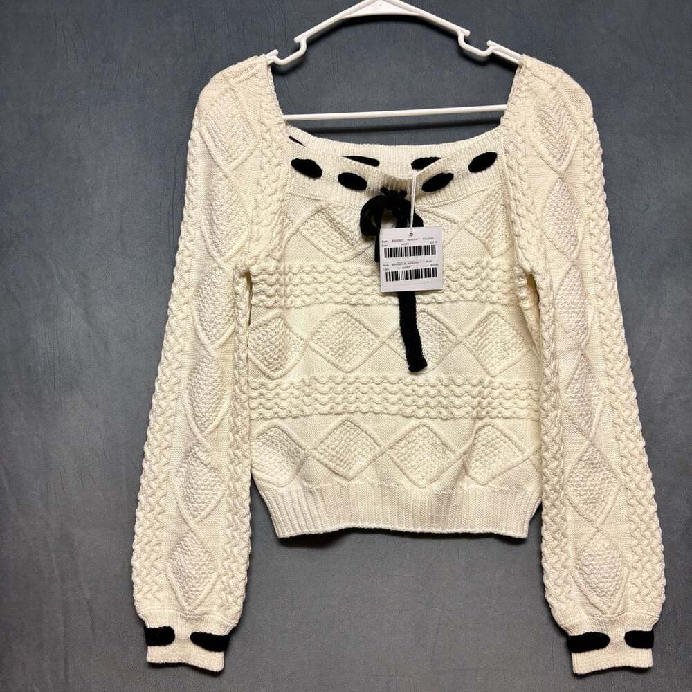 Baevely Cable Knit Sweater Size S Ivory Tie-Front Long Sleeve